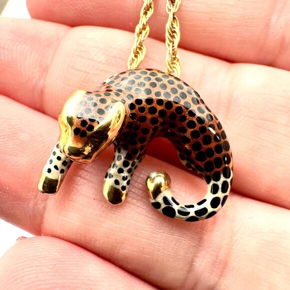 Womens Necklace 14K Gold Enamel Spotted Leopard Cougar Pendant Cheetah Cat - Picture 1 of 9